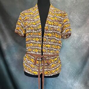 DAVID MEISTER Women Silk Floral Print Short Sleeve Belted Wrap Top Blouse Size 8